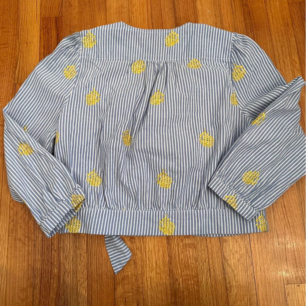 J Crew Womens Blue & White Striped WrapEmbroidered Pineapple Top Bluse Sz L(k11) - Picture 7 of 15